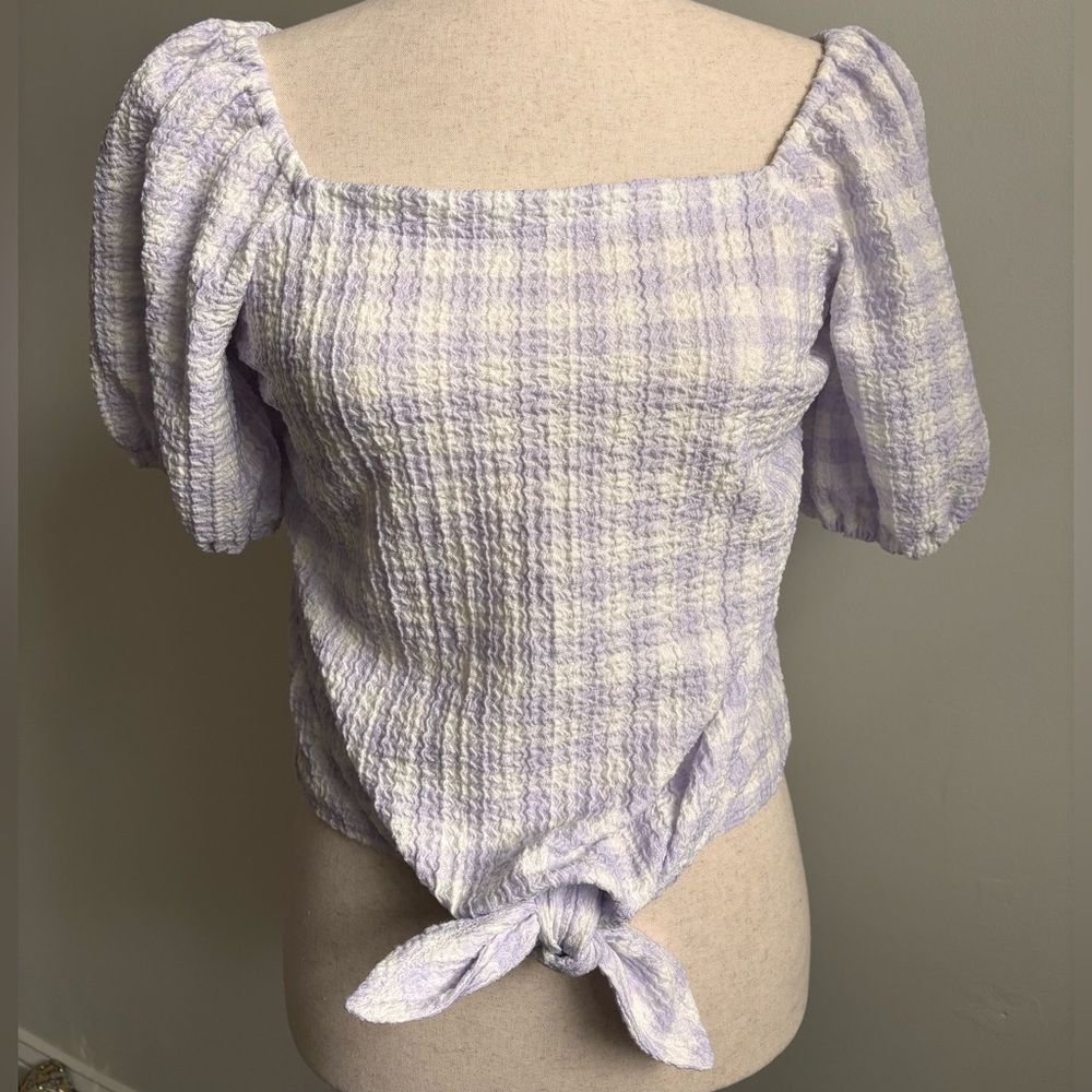 LOFT XS Lavender and White Gingham Square Neck Tie Front Stretchy Blouse